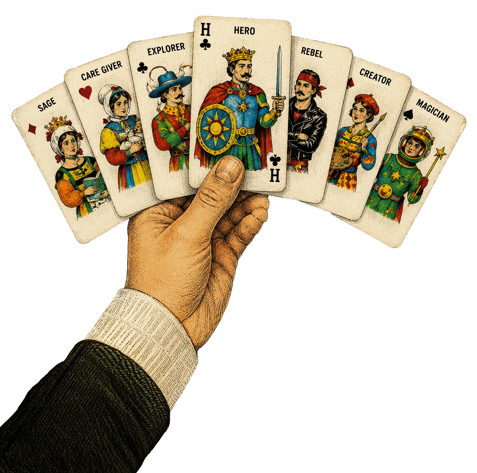 Brand Archetype Quiz — playing cards illustration representing 12 brand personalities